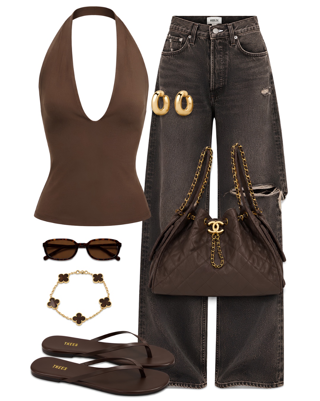 Brown halter top, dark wide leg jeans, Chanel bag, gold jewelry and flat sandals for an elevated casual LA nightlife outfit