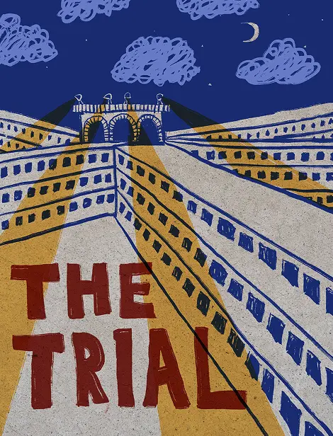 Illustrated cover of "The Trial" featuring a night scene with geometric buildings stretching toward a distant arch, under a moonlit sky with clouds.