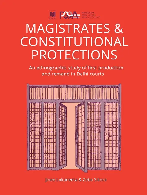 Red cover titled "Magistrates & Constitutional Protections." Features a detailed sketch of a prison cell door. Authors: Jinee Lokaneeta & Zeba Sikora.