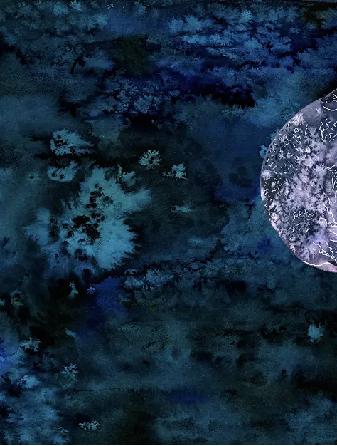 Abstract image depicting a textured dark blue ocean-like scene with swirling waves. A white, misty orb on the right suggests a cosmic or dreamlike atmosphere.