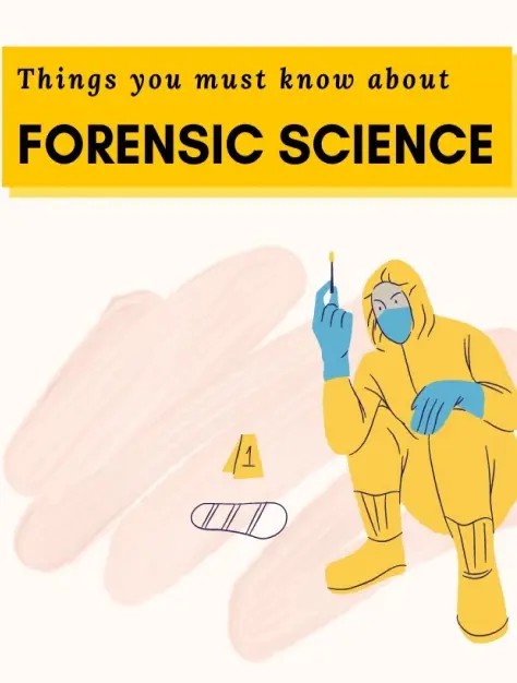 A person in a yellow protective suit and mask holds a swab near an evidence marker labeled "1." Text above reads "Things you must know about Forensic Science."