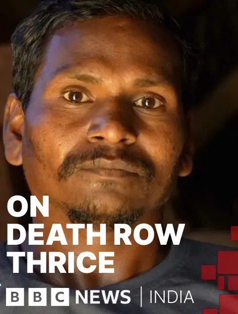 Image of Anokhilal standing indoors, illuminated by warm light. Text reads, "On Death Row, Thrice.” BBC News India logo present.