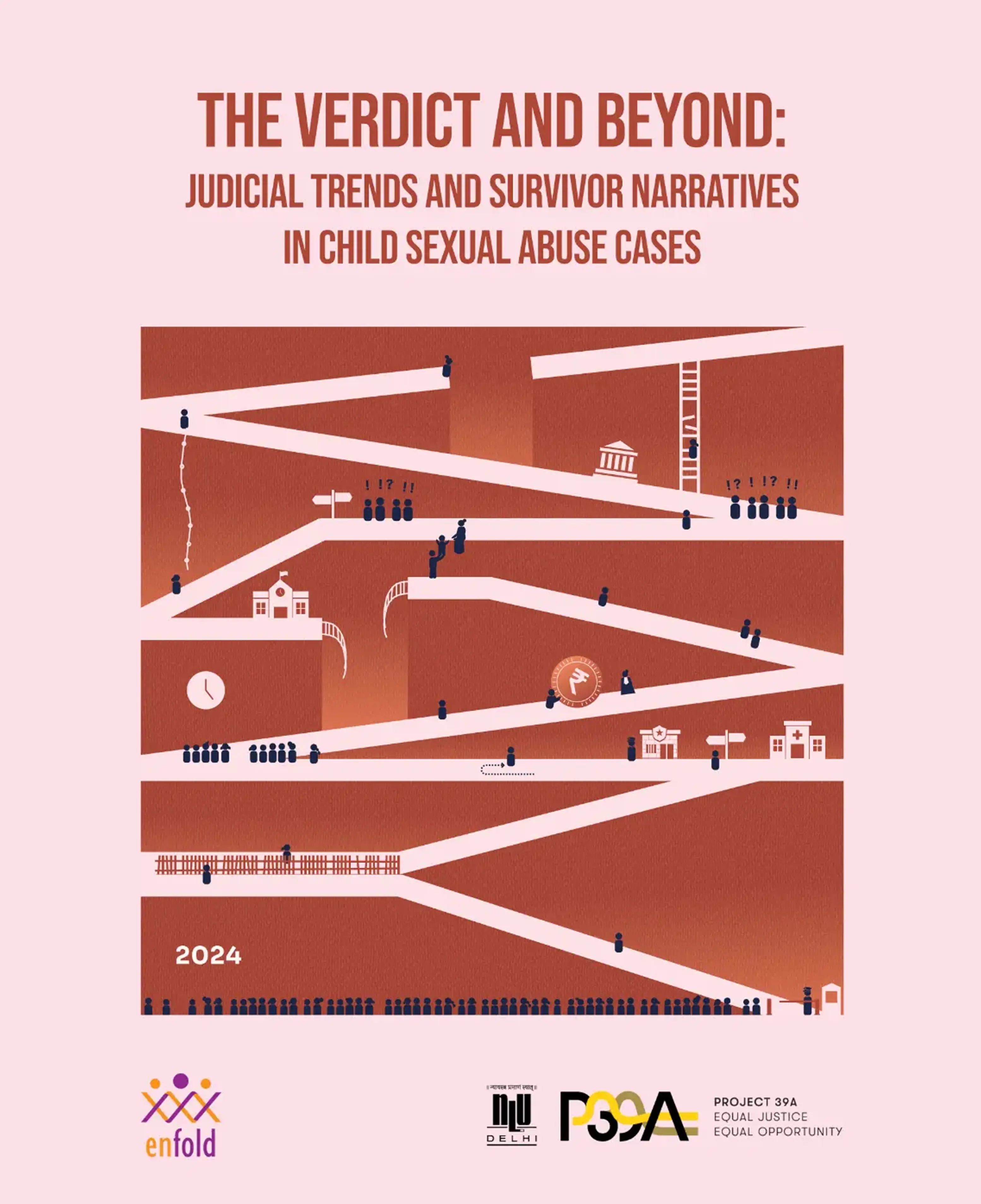 Cover image featuring abstract paths and figures symbolizing judicial processes and survivor narratives. Title: "The Verdict and Beyond," highlighting 2024 report on child sexual abuse cases. Logos at the bottom.