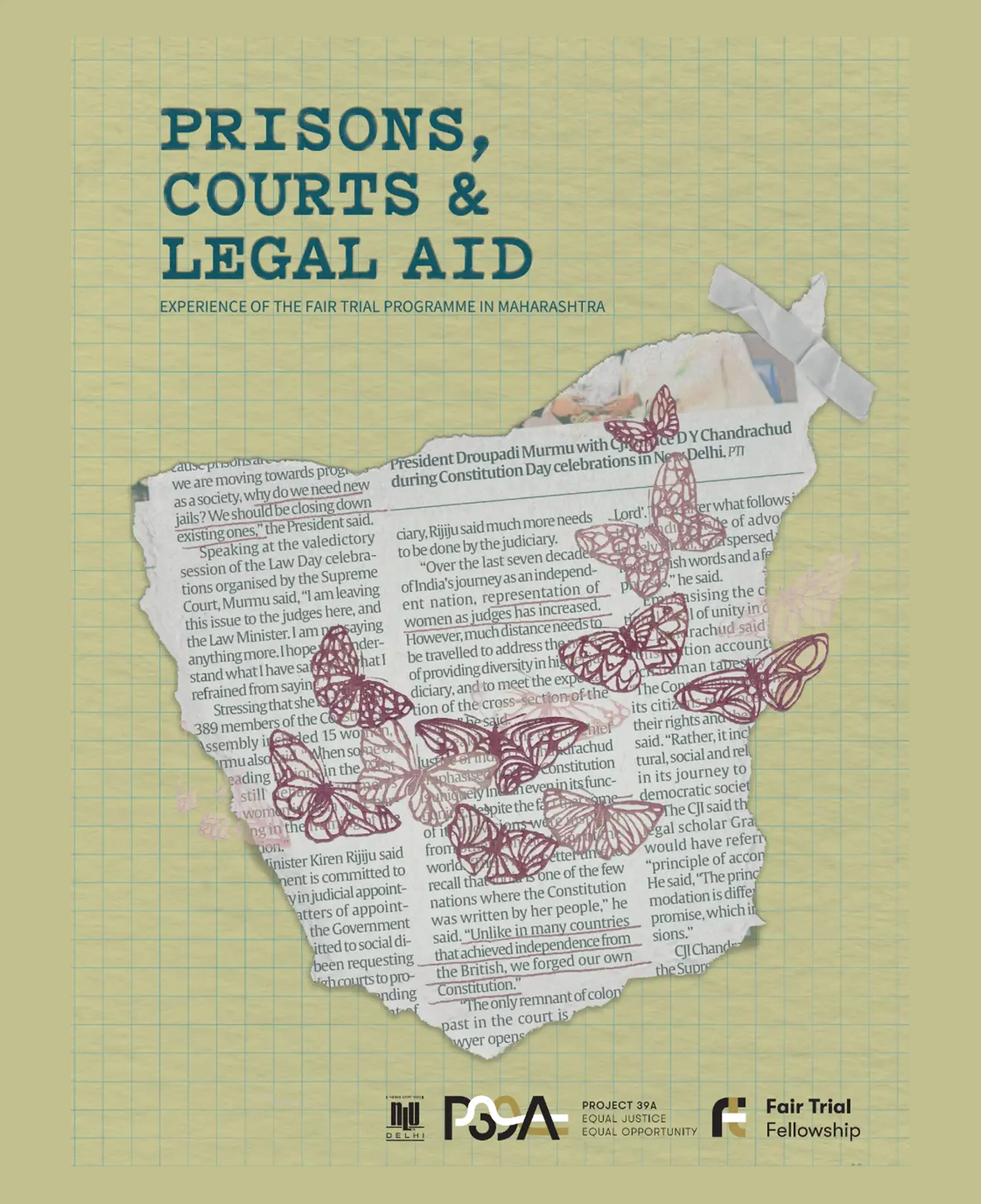 Torn newspaper map of Maharashtra with red butterflies on yellow grid background. Title reads "Prisons, Courts & Legal Aid." Logos at the bottom.