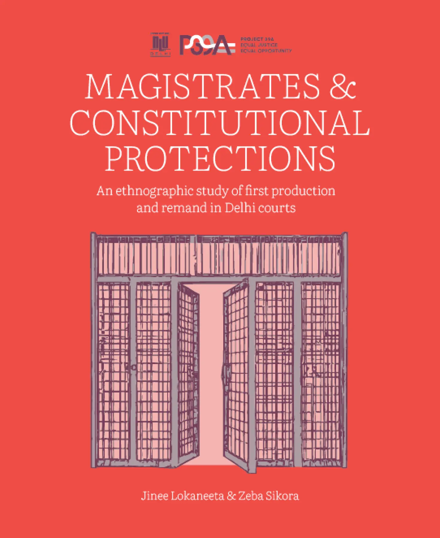 Red cover titled "Magistrates & Constitutional Protections." Features a detailed sketch of a prison cell door. Authors: Jinee Lokaneeta & Zeba Sikora.