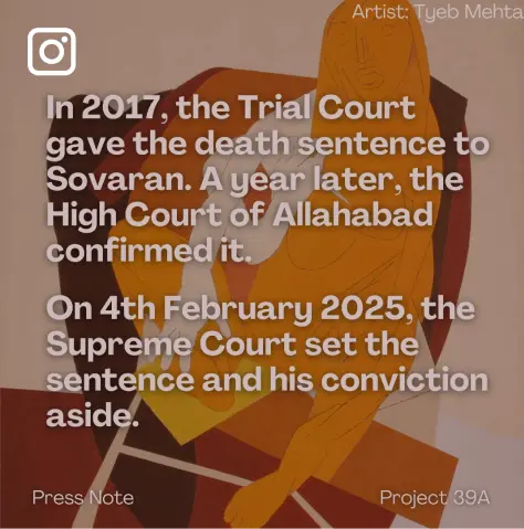 Abstract artwork by Tyeb Mehta featuring geometric shapes and a figure. Text overlay details a legal case about a 2025 Supreme Court decision.