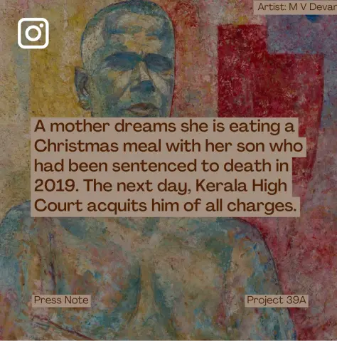 Abstract painting of a person against a colorful, textured background. Overlay text narrates a mother's dream and her son's acquittal by Kerala High Court.