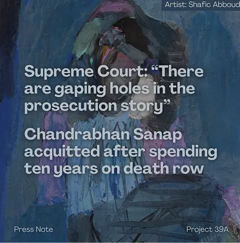 Abstract painting with dark blue and purple hues by artist Shafic Abboud. Overlaid text states: "Supreme Court: 'There are gaping holes in the prosecution story.' Chandrabhan Sanap acquitted after ten years on death row."