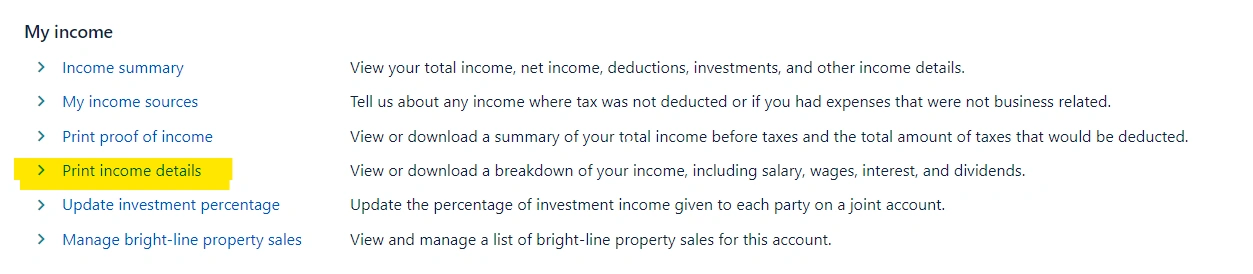 Under ‘my income’ select ‘print income details’ - the details part is important