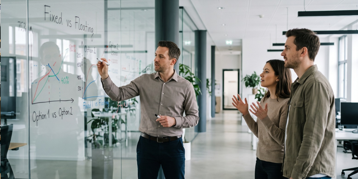 A mortgage adviser standing at a glass whiteboard, actively mapping out a financial strategy and bank comparisons for a young couple.