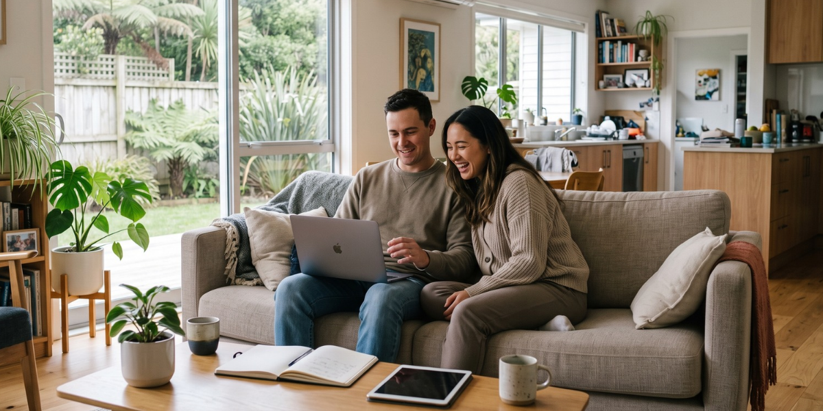 A young New Zealand couple sitting on a living room sofa, happily reviewing their conditional bank pre-approval on a laptop.