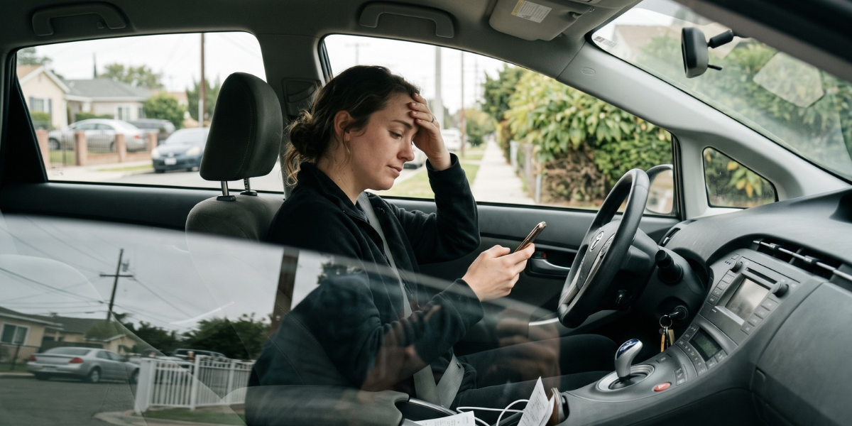 A young woman sitting in her parked car looking mildly frustrated while checking an email on her phone.