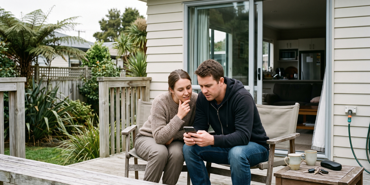 A young couple sitting anxiously on their outdoor deck, checking a phone for a bank mortgage pre-approval email