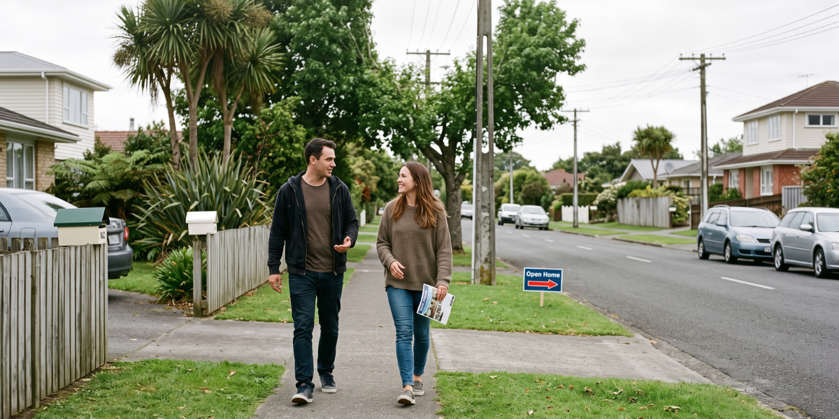 A young New Zealand couple looking relaxed while walking down a suburban street during their weekend house hunt.