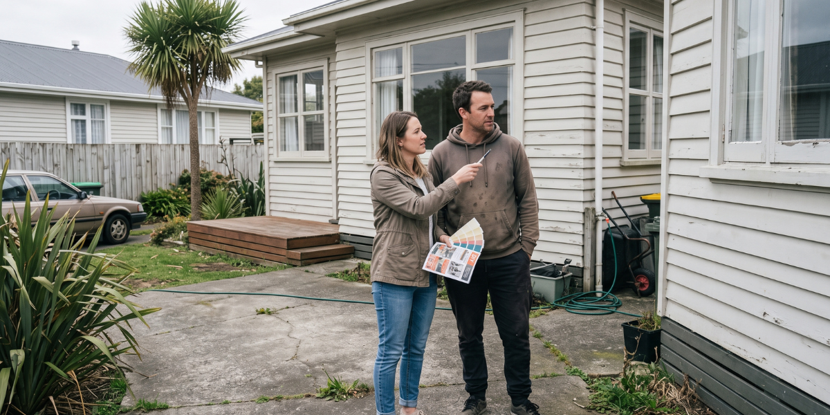 A New Zealand couple discussing renovation plans outside their weatherboard home, illustrating household budgeting choices