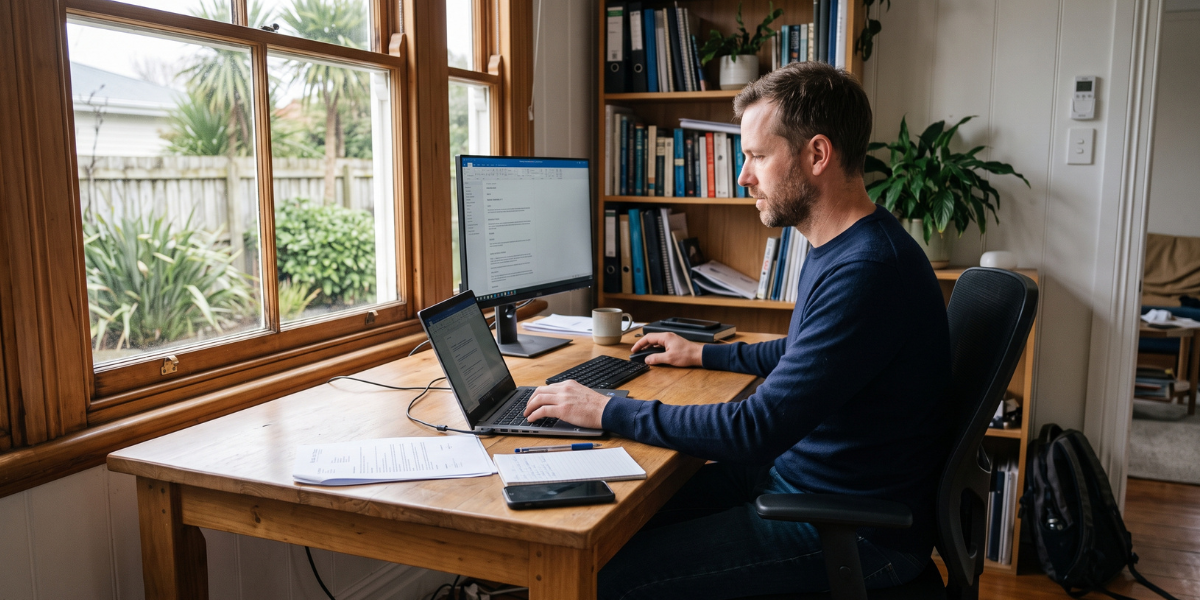 An independent day-rate contractor working in a character New Zealand home study with a natural backyard view, illustrating mortgage approvals