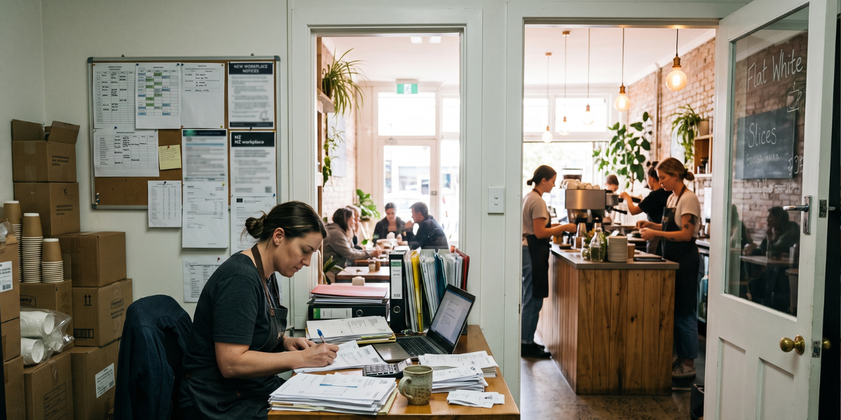 A New Zealand small business owner reviewing invoices in a back office with her bustling cafe visible through the door, illustrating mortgage approval for self-employed borrowers