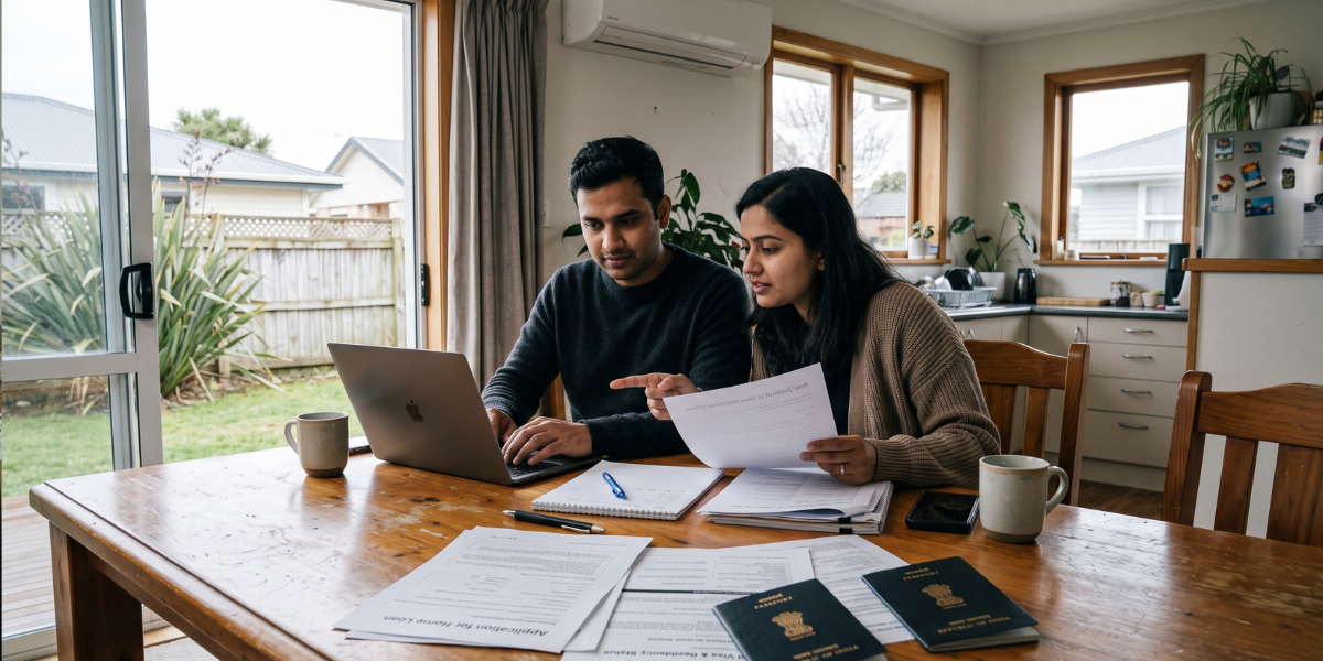 A young Indian couple reviewing home loan and visa paperwork at their New Zealand dining table, illustrating work visa mortgages
