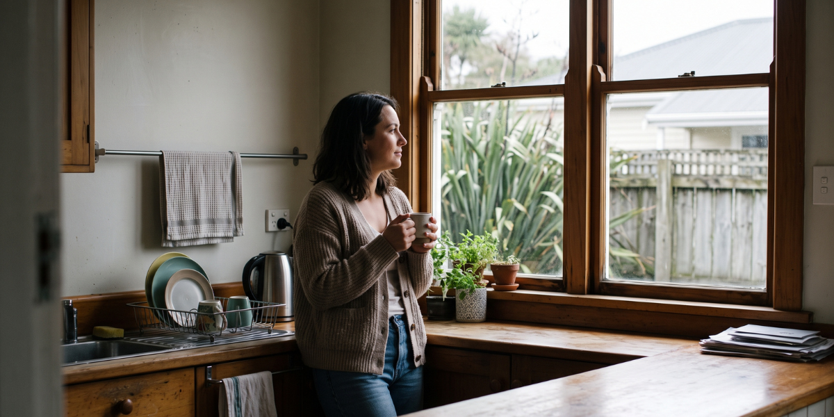 A person having a quiet morning coffee in a sunlit kitchen, reflecting on moving forward after a property separation.