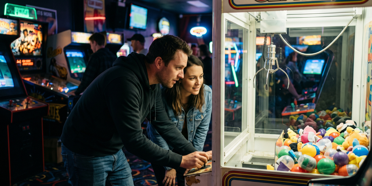 A New Zealand couple playing a claw grabber game at an amusement arcade, serving as a metaphor for bank mortgage clawbacks