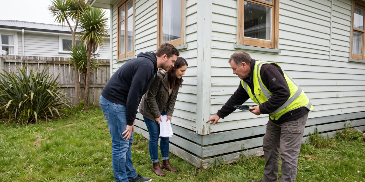 A New Zealand couple and a building inspector examining the exterior of a weatherboard home, illustrating property due diligence