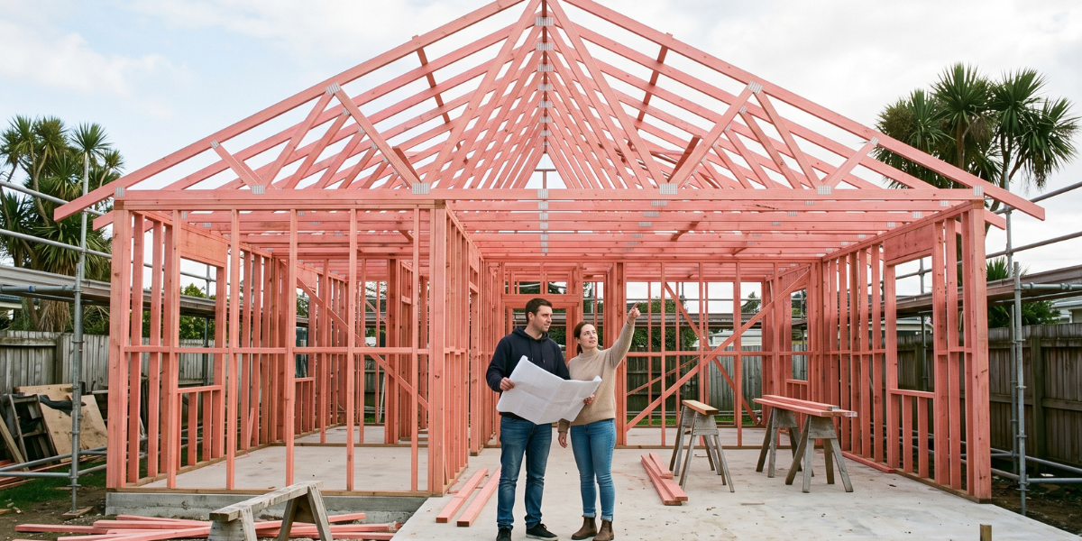 A new zealand home owner discussing her new build construction project with her builder