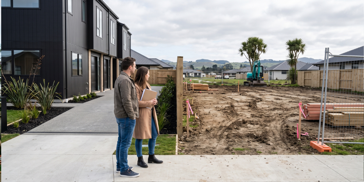 A New Zealand couple comparing a finished turnkey townhouse with a vacant construction section