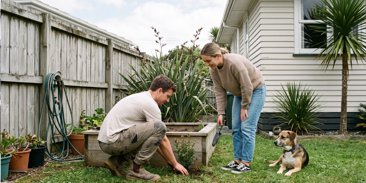 A relaxed New Zealand couple gardening together in their suburban backyard, illustrating homeownership with a financial safety buffer