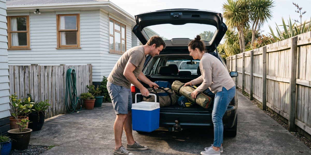 A relaxed New Zealand couple packing their car for a weekend road trip, illustrating financial flexibility with a mortgage redraw facility