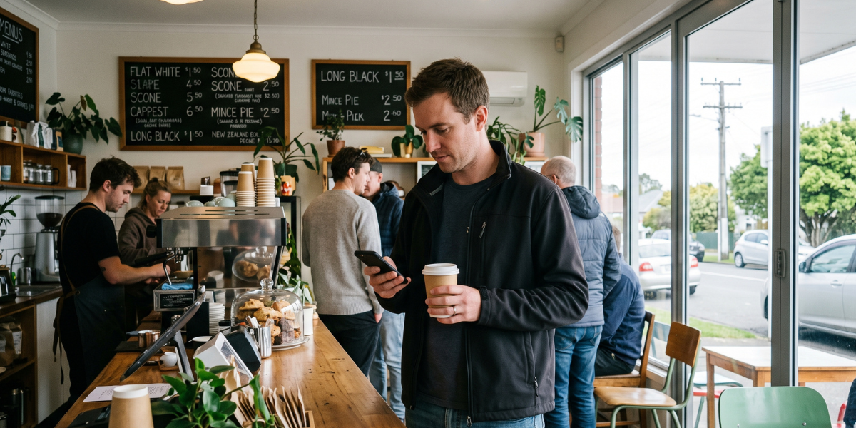 A New Zealand man checking his mobile banking app at a local cafe, illustrating everyday mortgage cash flow management