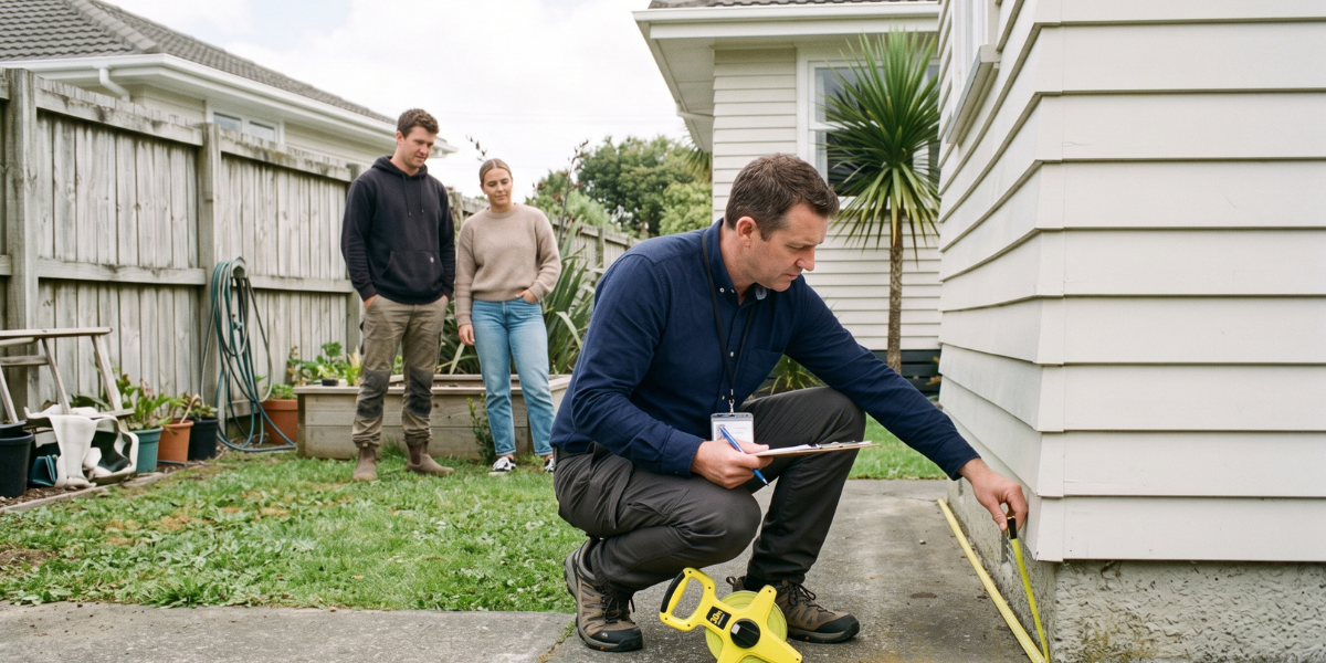 A New Zealand property valuer using a large open-reel measuring tape along the foundation of a suburban home