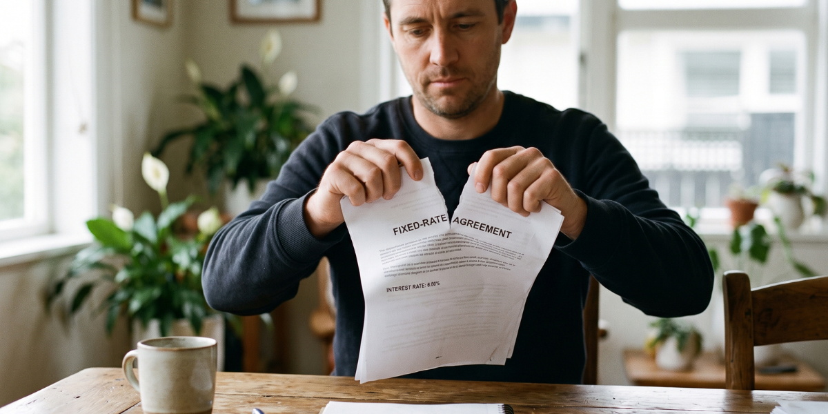 A New Zealand homeowner physically tearing a printed fixed-rate loan agreement paper in half at a dining table