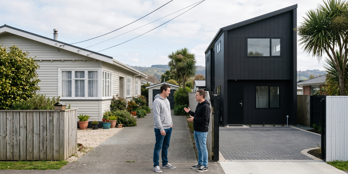 A New Zealand couple chatting on their driveway between an older weatherboard family home and a modern newly-built investment townhouse.
