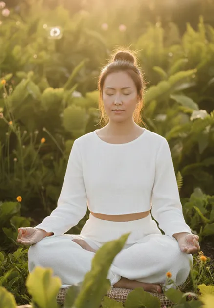 A woman in white activewear sits in lotus pose with eyes closed in a sun-drenched meadow surrounded by ferns and wildflowers, hands resting open on her knees in a meditative gesture.