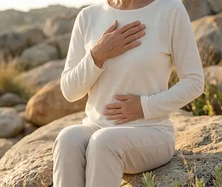 A person in cream-colored clothing sits on a rock outdoors, one hand on their chest and one on their abdomen, in a breathwork or grounding pose against a soft rocky landscape at golden hour.