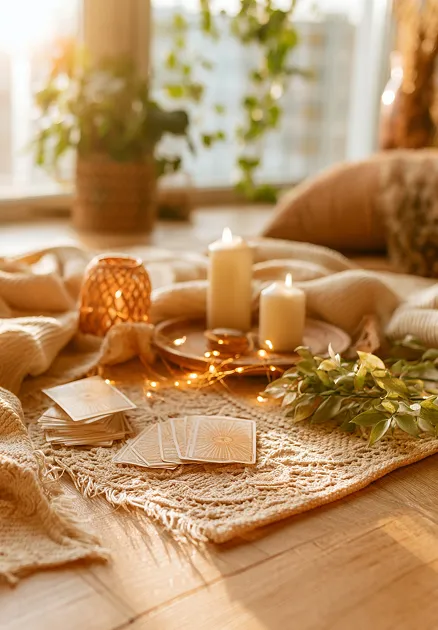 A cozy ritual setup on a macramé mat featuring tarot cards, two lit pillar candles on a wooden tray, fairy lights, and a sprig of greenery, bathed in warm amber light.