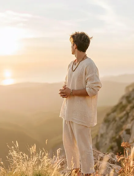 A young man wearing linen clothing and a wooden bead necklace stands on a rocky hilltop, hands clasped, gazing toward a glowing sunset over a vast mountain valley.