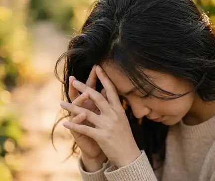 A young woman with dark hair bows her head and presses her fingertips together near her temple in a moment of quiet reflection or prayer, set against a softly blurred autumn garden.
