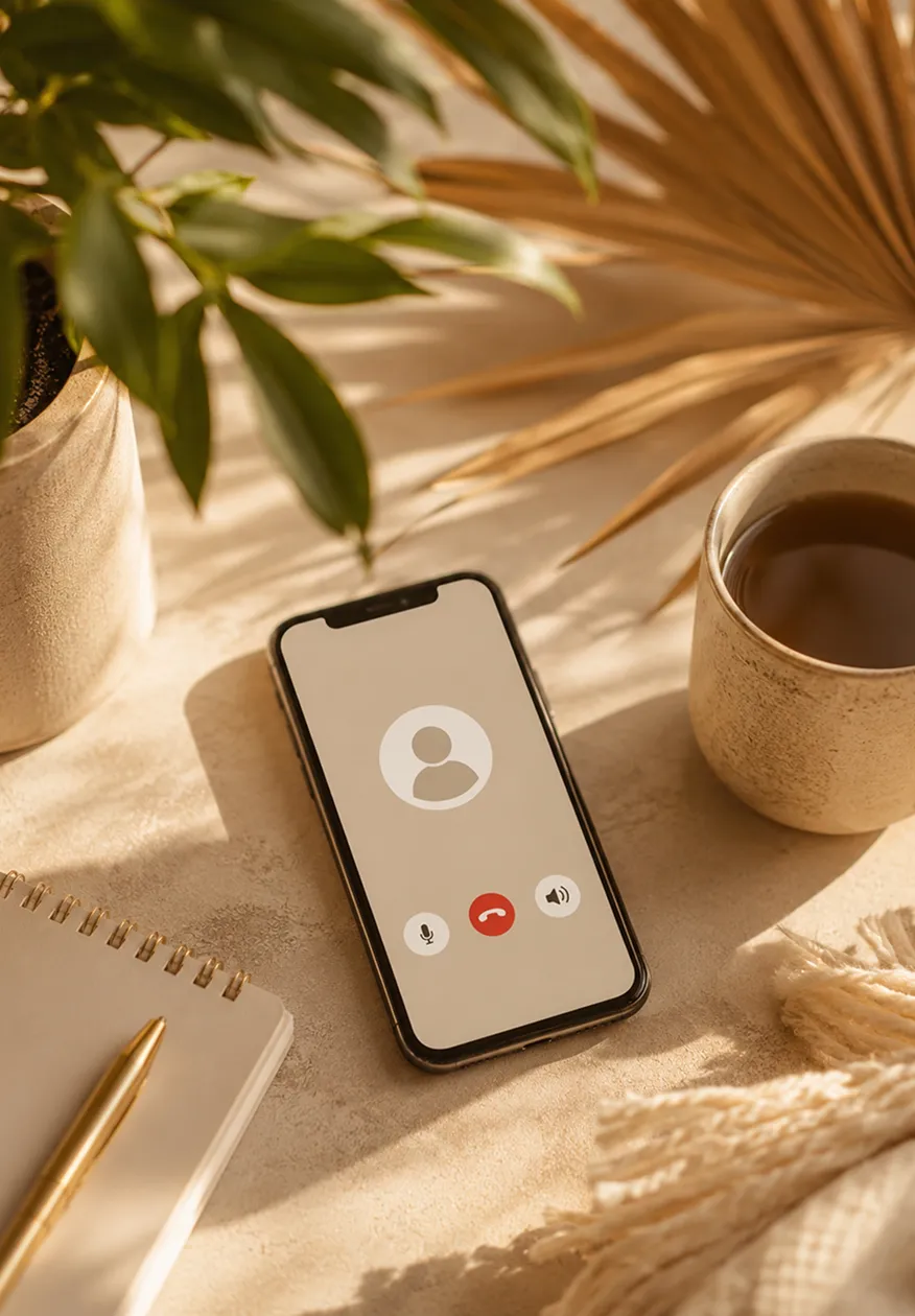 A smartphone displaying an active phone call screen rests on a warm beige tabletop, surrounded by a cozy, sunlit workspace with a notebook, gold pen, potted plant, dried palm leaf, and a cup of coffee. The scene conveys a calm, inviting atmosphere suited to a relaxed, free 15-minute consultation call.