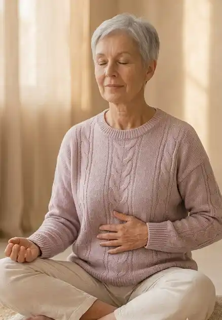 Older woman with short gray hair sitting cross-legged in a calm meditative pose, eyes closed, wearing a soft lavender cable-knit sweater, one hand resting gently on her abdomen and the other open in her lap, in a warmly lit room with sheer curtains — representing the calm, embodied stillness of Neural Root Mapping therapy.