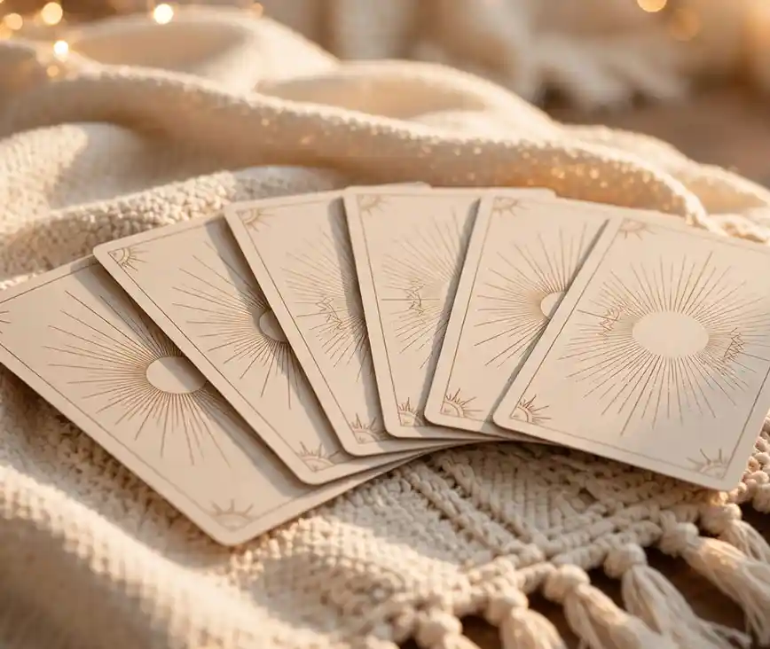 Close-up of six tarot cards with matching gold sunburst backs, fanned out on a woven cream blanket.