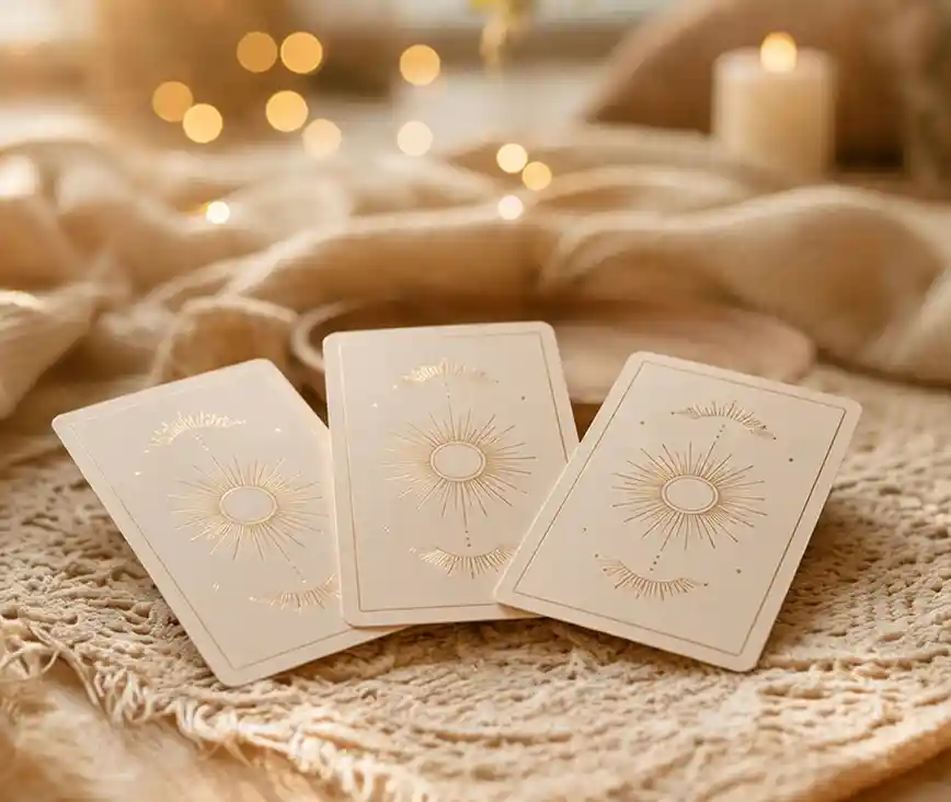 Three tarot cards with gold sunburst design on cream backs, fanned upright on a woven blanket with candles and string lights in the background.