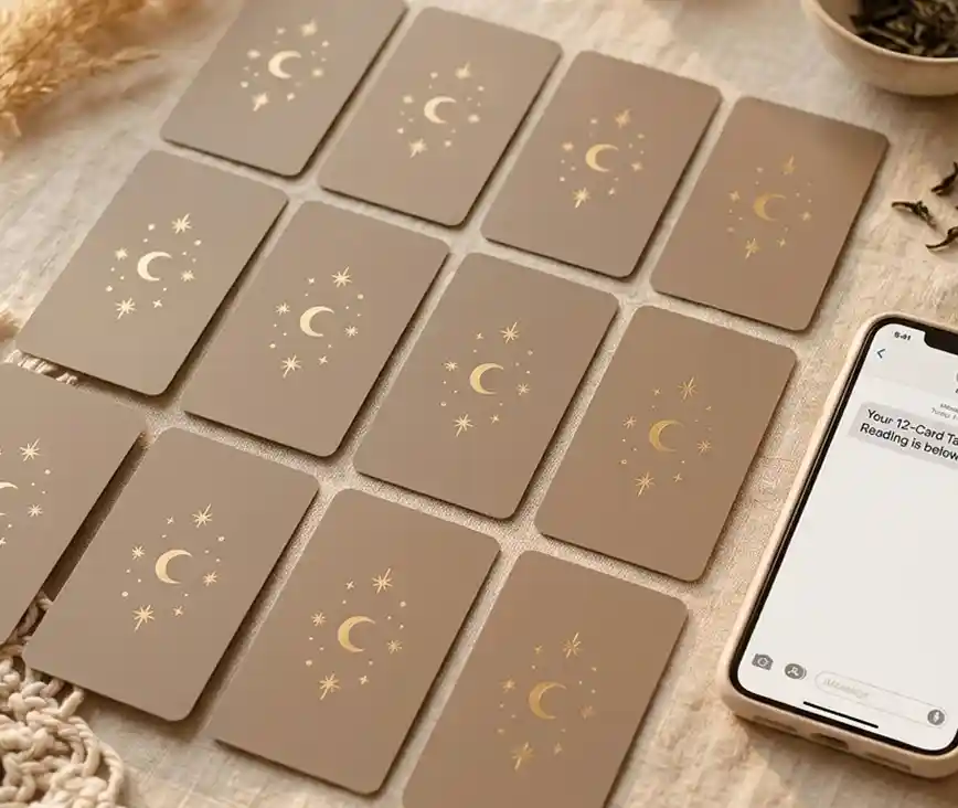 Twelve tarot cards with gold moon and star design on a taupe background, arranged in rows next to a phone showing a text about a 12-card tarot reading.