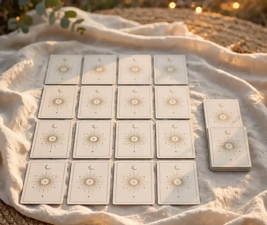 Sixteen tarot cards with gold sun and moon design laid out in a grid on white fabric outdoors, with the remaining deck stacked beside them.