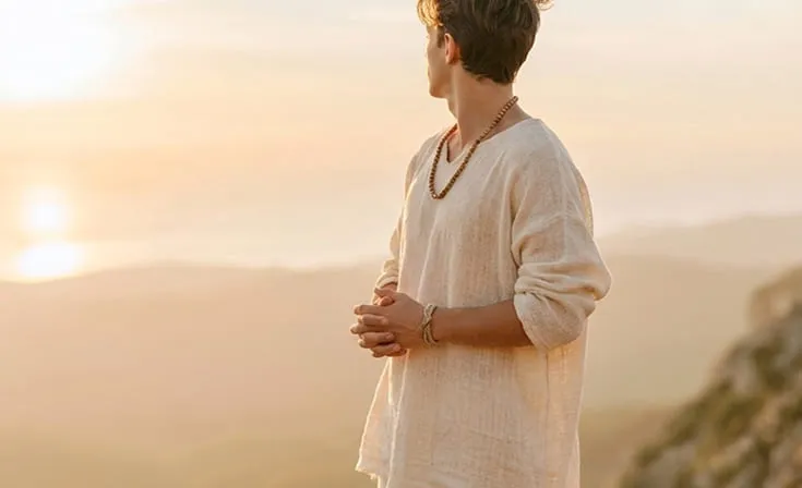 A young man wearing linen clothing and a wooden bead necklace stands on a rocky hilltop, hands clasped, gazing toward a glowing sunset over a vast mountain valley.