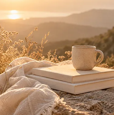 A speckled ceramic mug sits on a stack of two cream-colored books on a rocky ledge, with a loosely woven cream blanket draped beside them. Dried wildflowers frame the scene, and in the background, soft hills fall away toward a hazy sunset over the water.