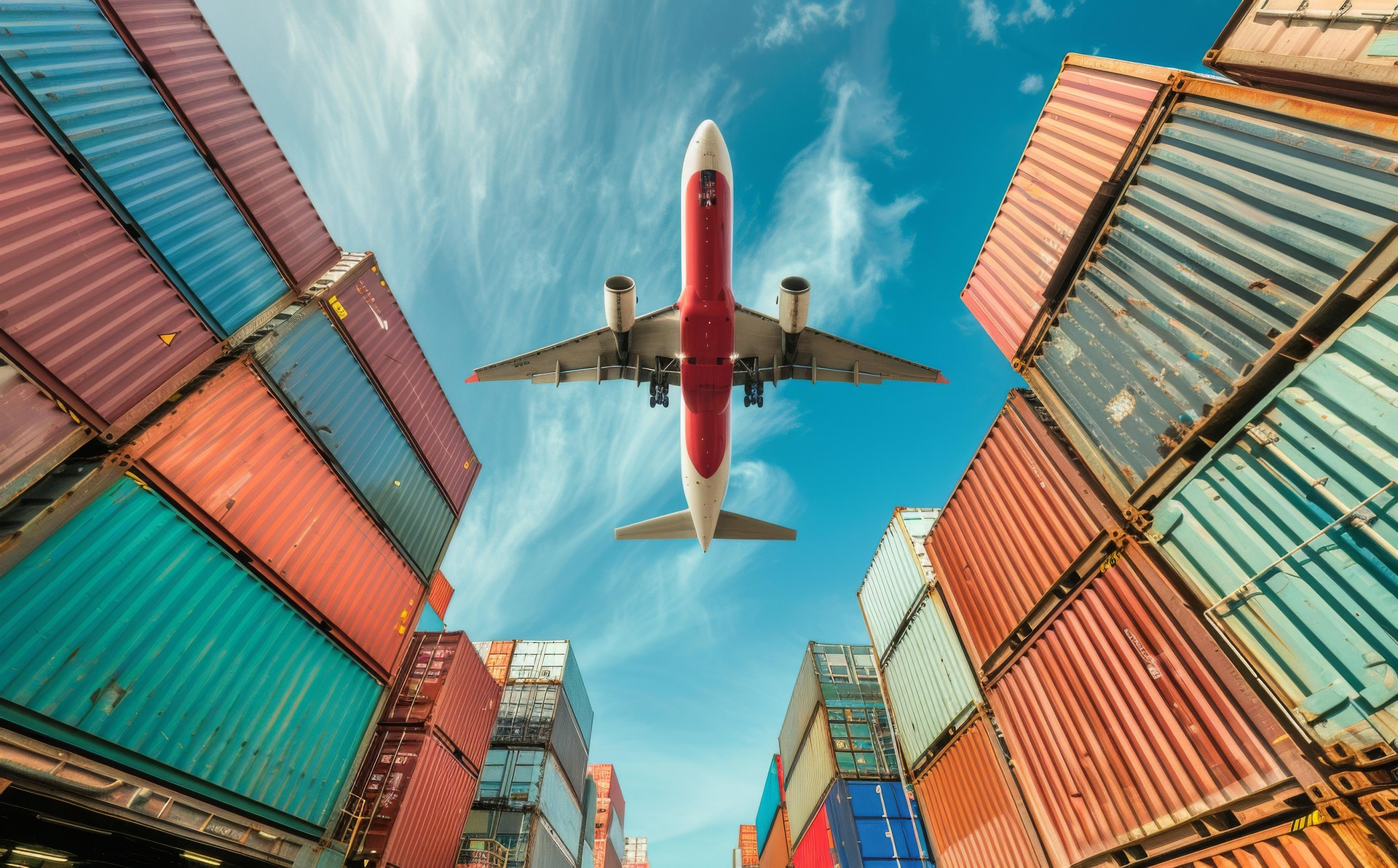 Airplane flying above stacked colorful shipping containers under a blue sky with wispy clouds.