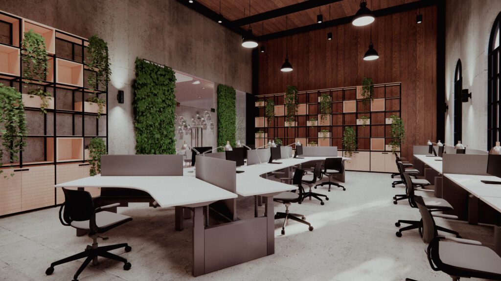 Modern office space with wooden ceiling and green wall accents.