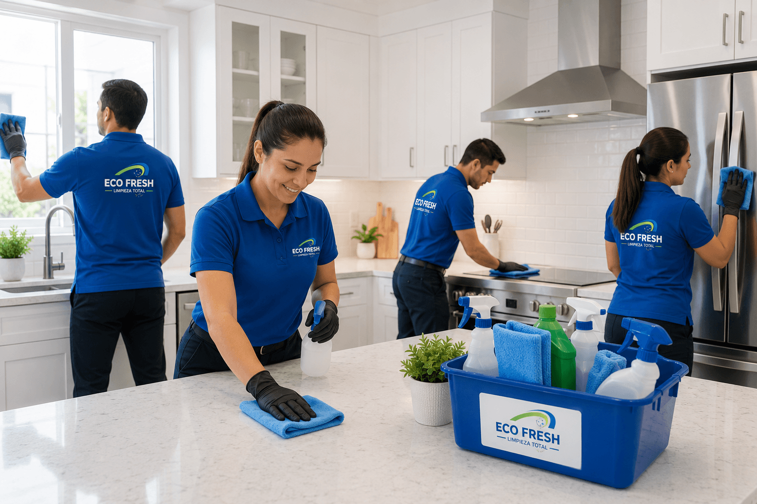 Four cleaners in blue Eco Fresh shirts cleaning a bright white kitchen with supplies.