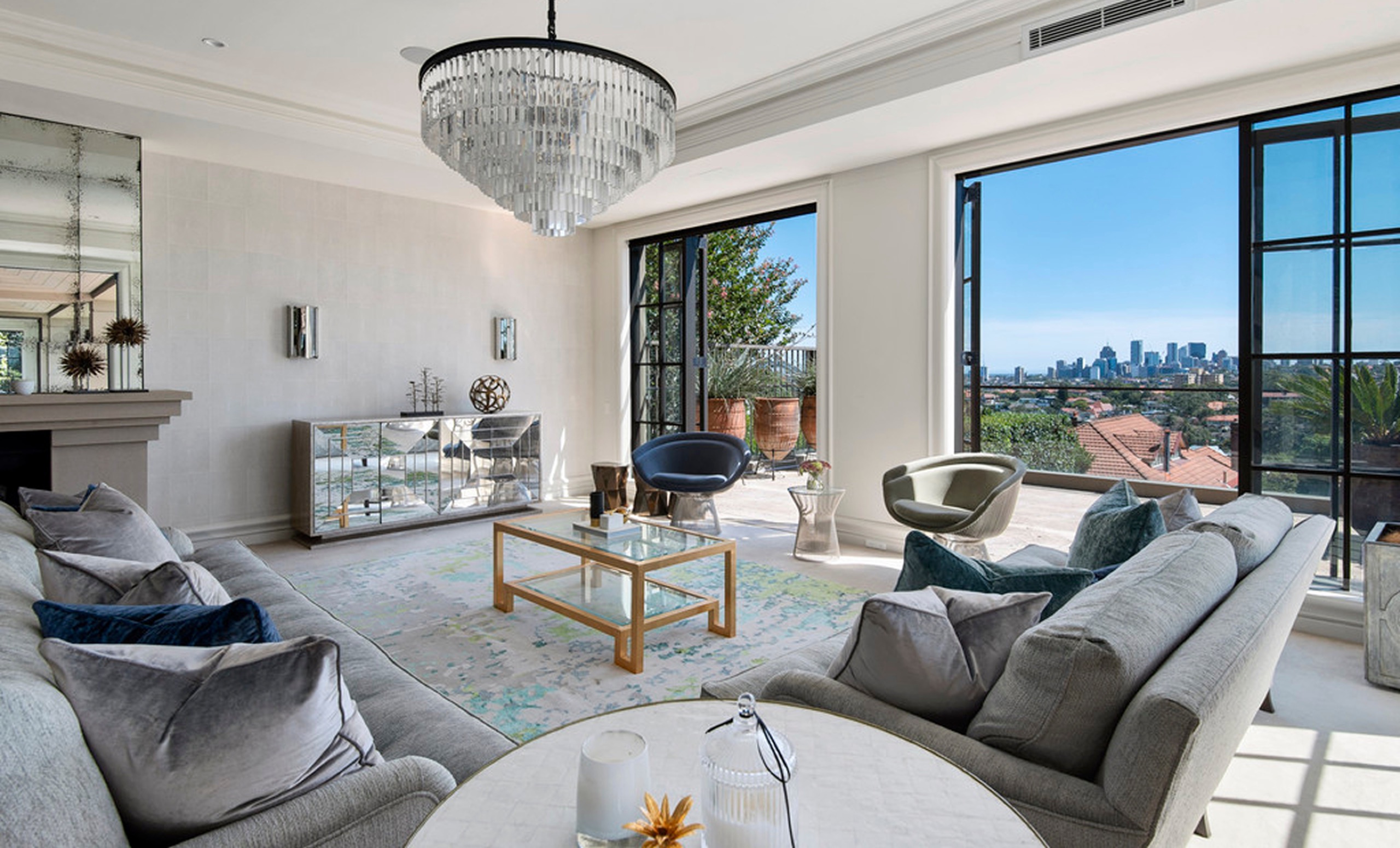 Formal living room with city views at 13 Ruby St, Mosman by Sydneyside Contracting